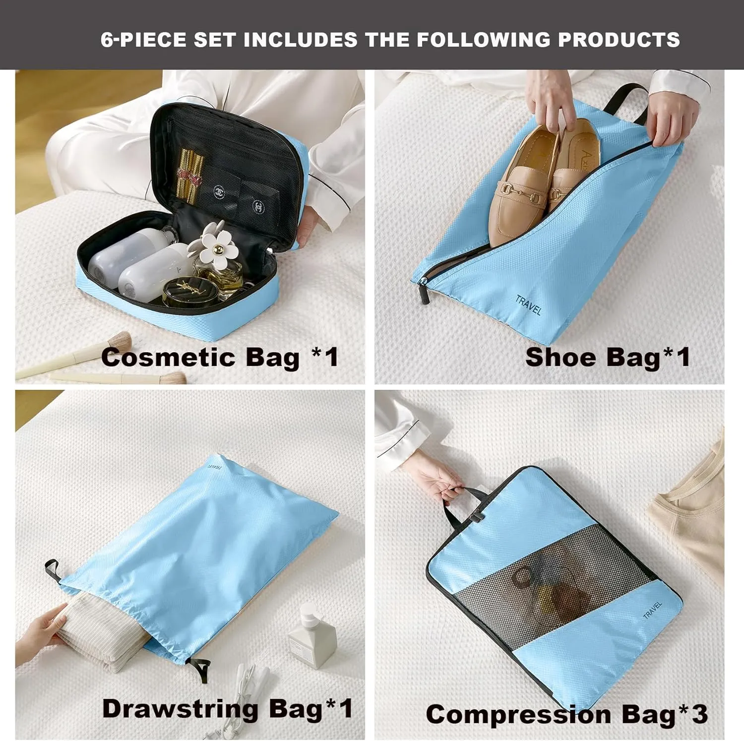 6 Set Compression Packing Cubes for Suitcases, Space-Saving Packing Cubes for Travel, Durable Suitcase Organizer Bags Set for Travel Essentials, Double Zipper Compression Packing Cubes, Blue.