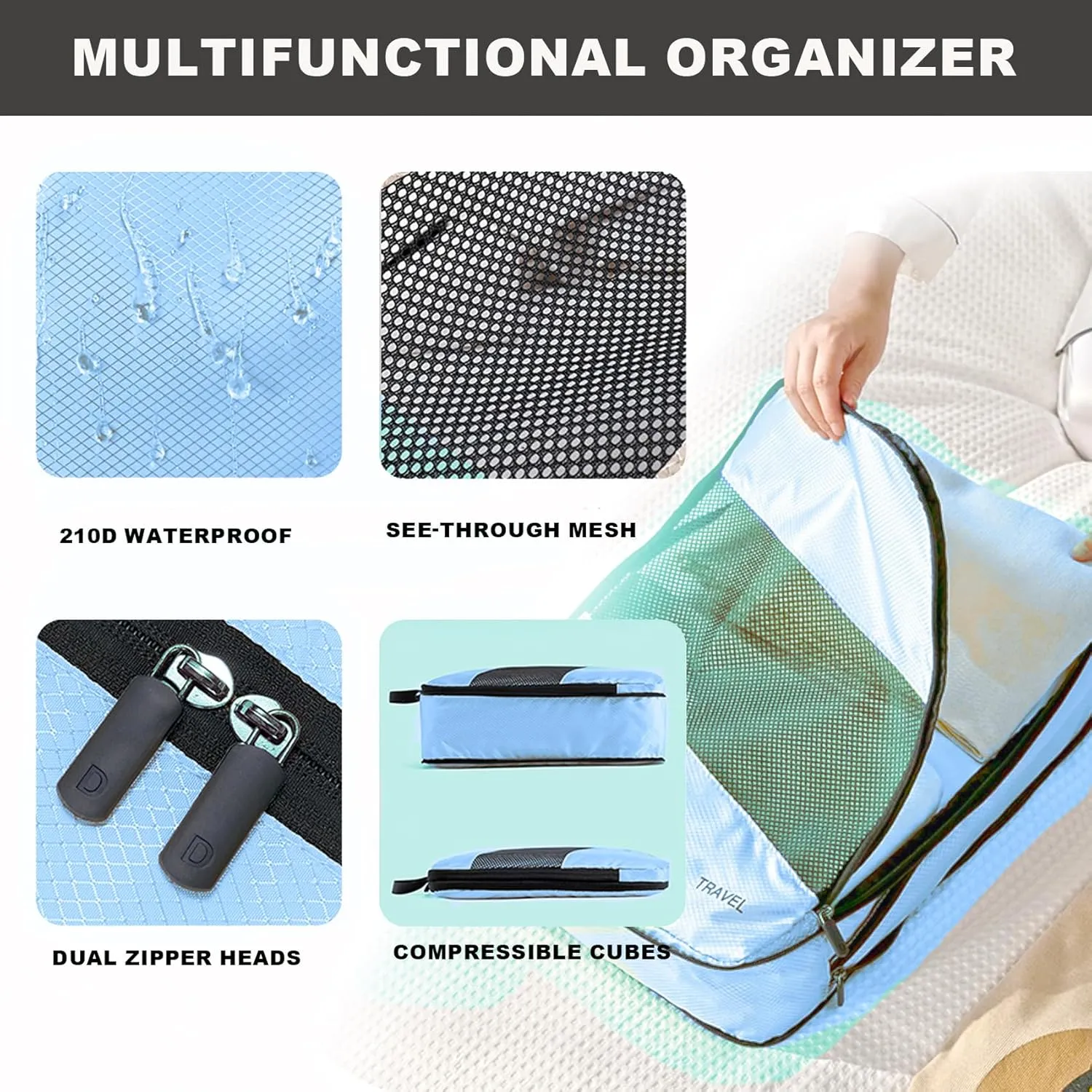 6 Set Compression Packing Cubes for Suitcases, Space-Saving Packing Cubes for Travel, Durable Suitcase Organizer Bags Set for Travel Essentials, Double Zipper Compression Packing Cubes, Blue.