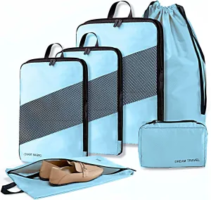 6 Set Compression Packing Cubes for Suitcases, Space-Saving Packing Cubes for Travel, Durable Suitcase Organizer Bags Set for Travel Essentials, Double Zipper Compression Packing Cubes, Blue.