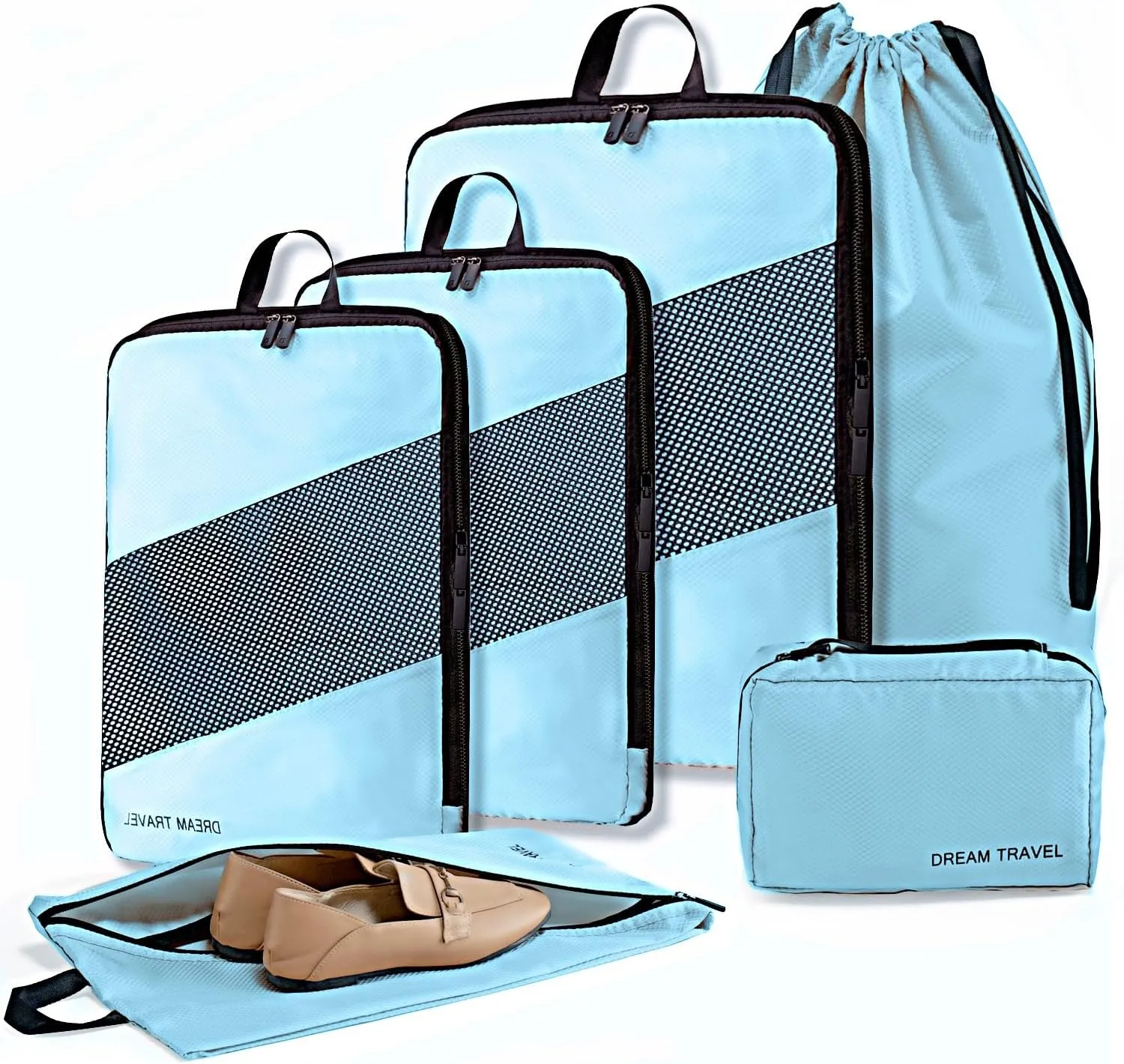 6 Set Compression Packing Cubes for Suitcases, Space-Saving Packing Cubes for Travel, Durable Suitcase Organizer Bags Set for Travel Essentials, Double Zipper Compression Packing Cubes, Blue.