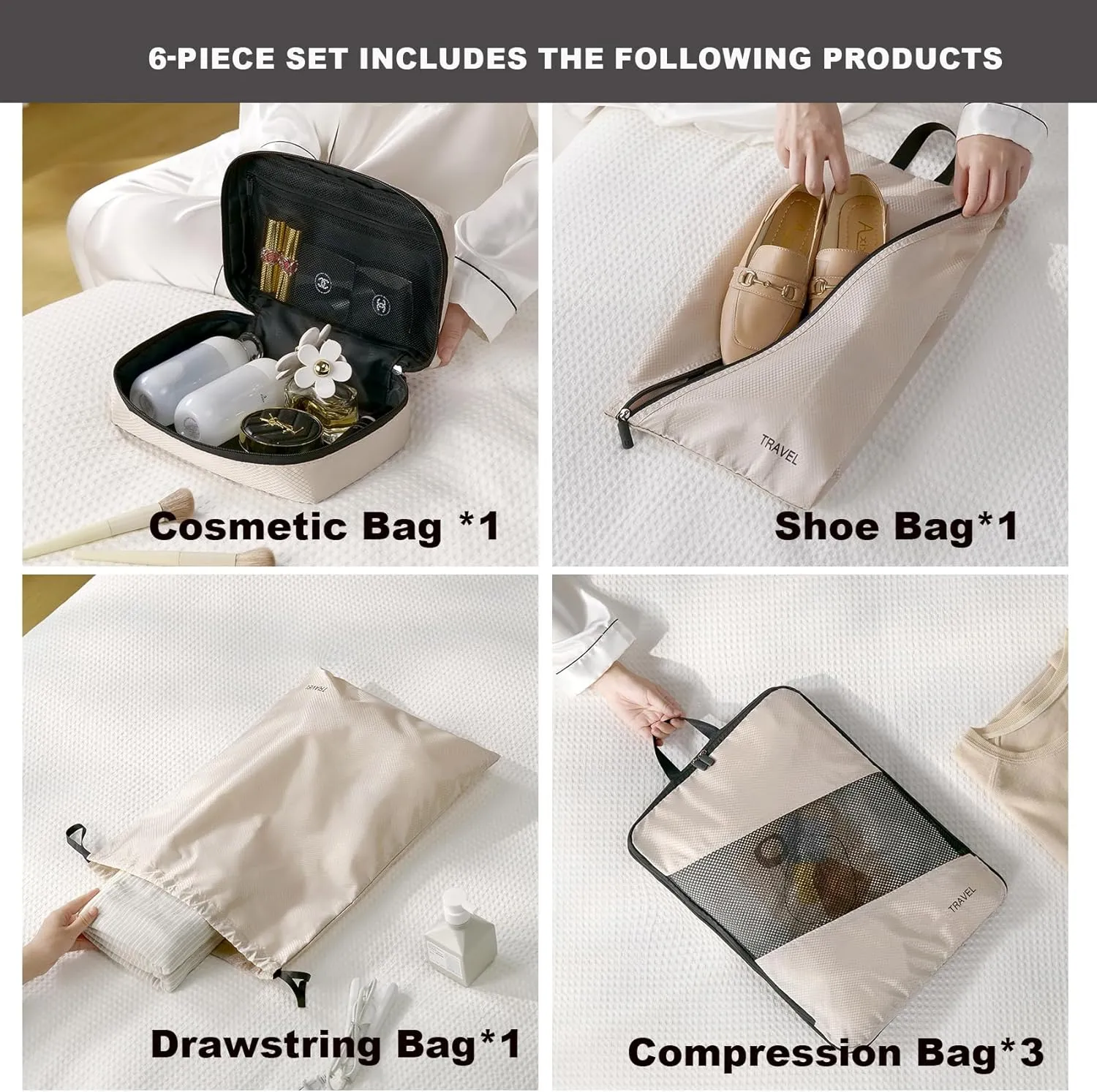 6 Set Compression Packing Cubes for Suitcases, Space-Saving Packing Cubes for Travel, Durable Suitcase Organizer Bags Set for Travel Essentials, Double Zipper Compression Packing Cubes, Cream