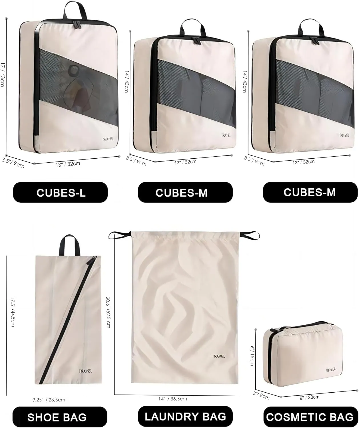 6 Set Compression Packing Cubes for Suitcases, Space-Saving Packing Cubes for Travel, Durable Suitcase Organizer Bags Set for Travel Essentials, Double Zipper Compression Packing Cubes, Cream