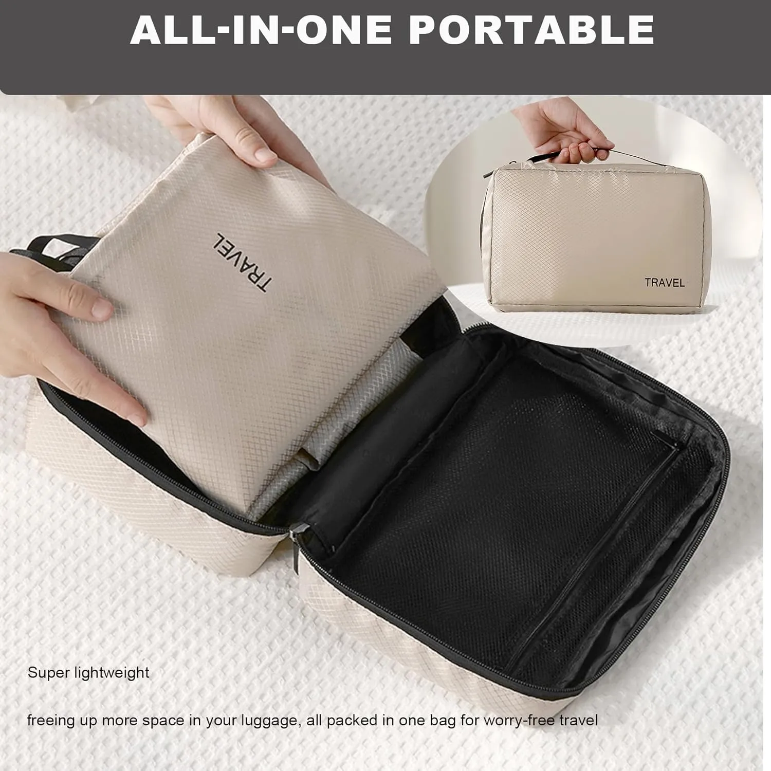 6 Set Compression Packing Cubes for Suitcases, Space-Saving Packing Cubes for Travel, Durable Suitcase Organizer Bags Set for Travel Essentials, Double Zipper Compression Packing Cubes, Cream