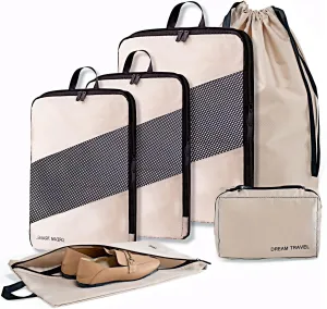 6 Set Compression Packing Cubes for Suitcases, Space-Saving Packing Cubes for Travel, Durable Suitcase Organizer Bags Set for Travel Essentials, Double Zipper Compression Packing Cubes, Cream