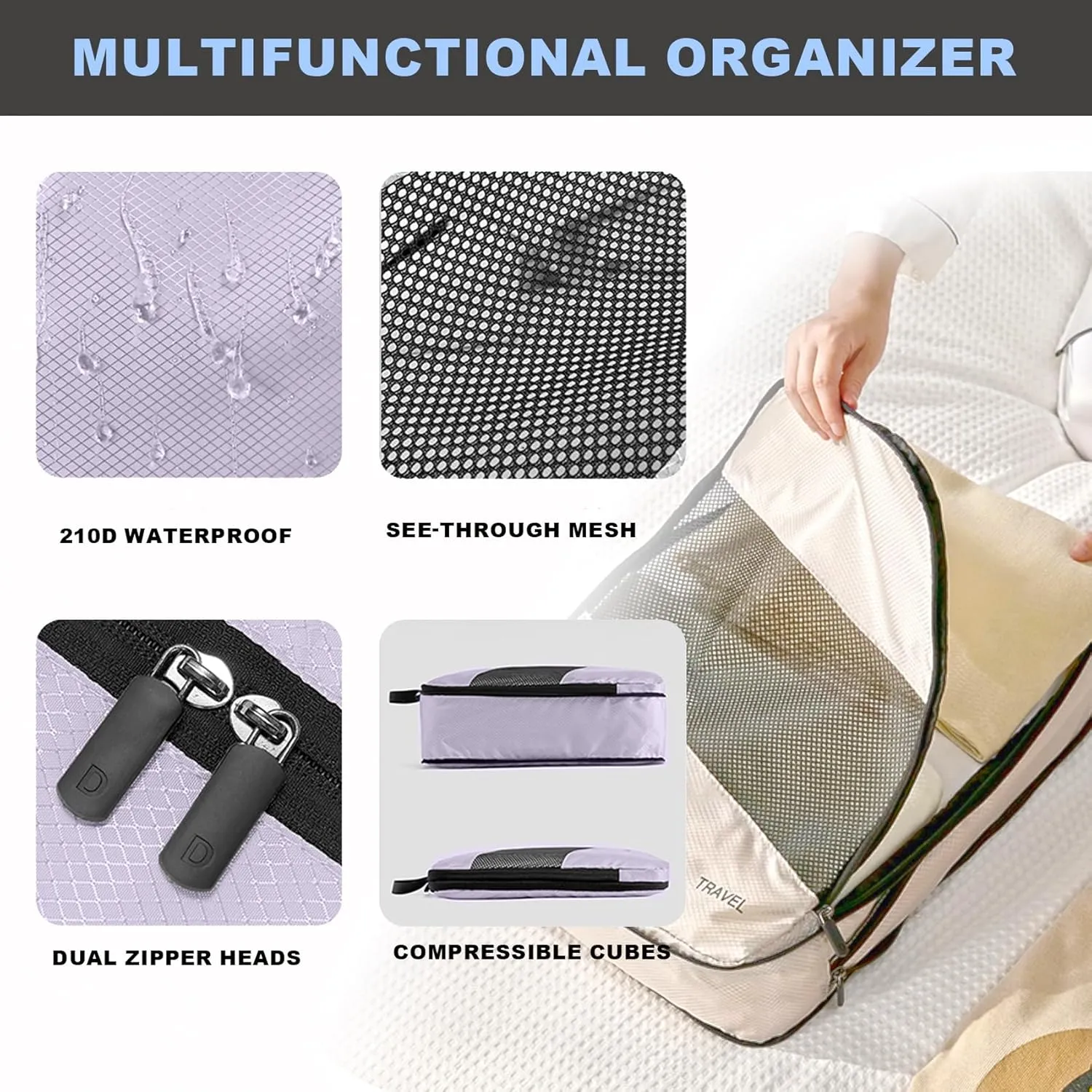 6 Set Compression Packing Cubes for Suitcases, Space-Saving Packing Cubes for Travel, Durable Suitcase Organizer Bags Set for Travel Essentials, Double Zipper Compression Packing Cubes, Cream