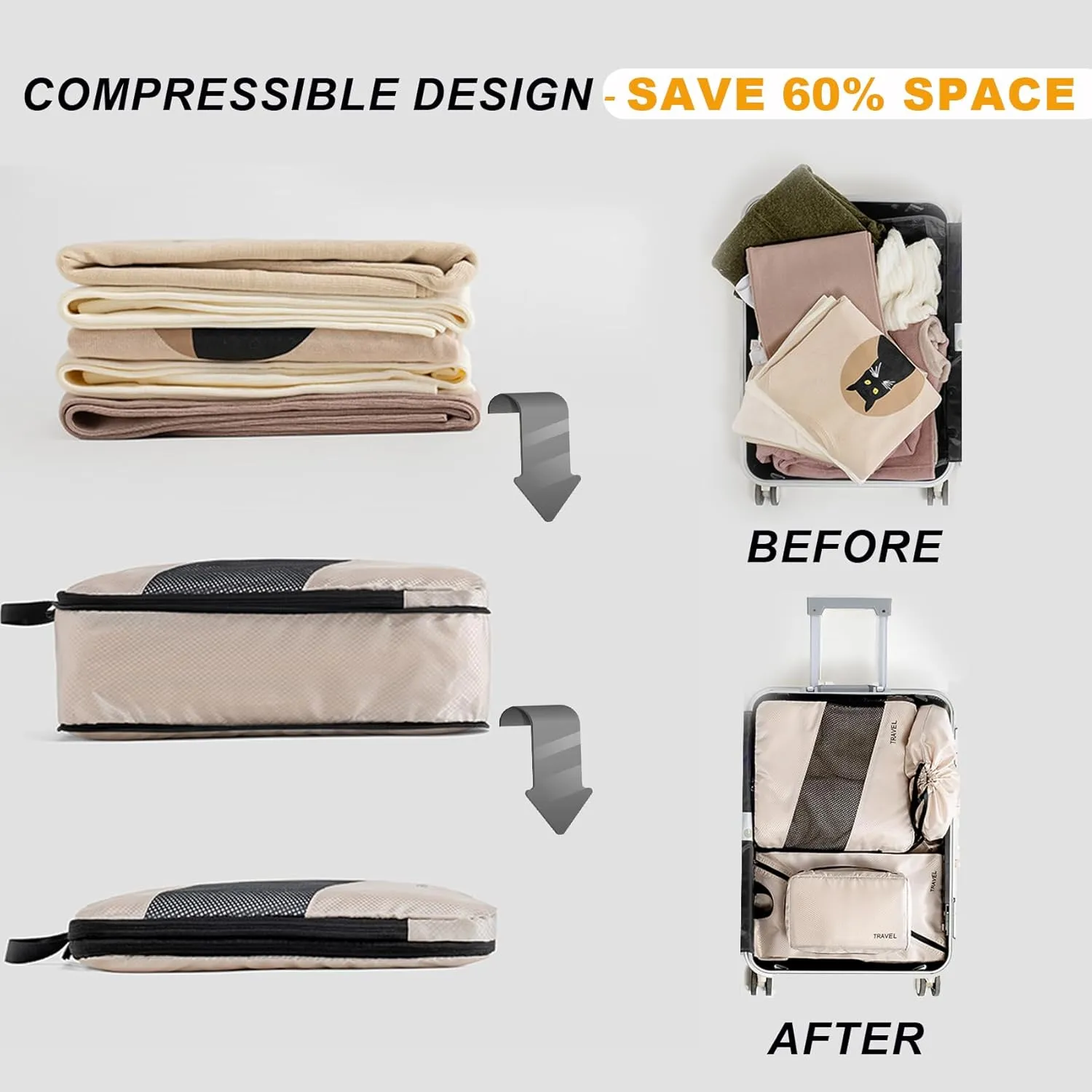 6 Set Compression Packing Cubes for Suitcases, Space-Saving Packing Cubes for Travel, Durable Suitcase Organizer Bags Set for Travel Essentials, Double Zipper Compression Packing Cubes, Cream