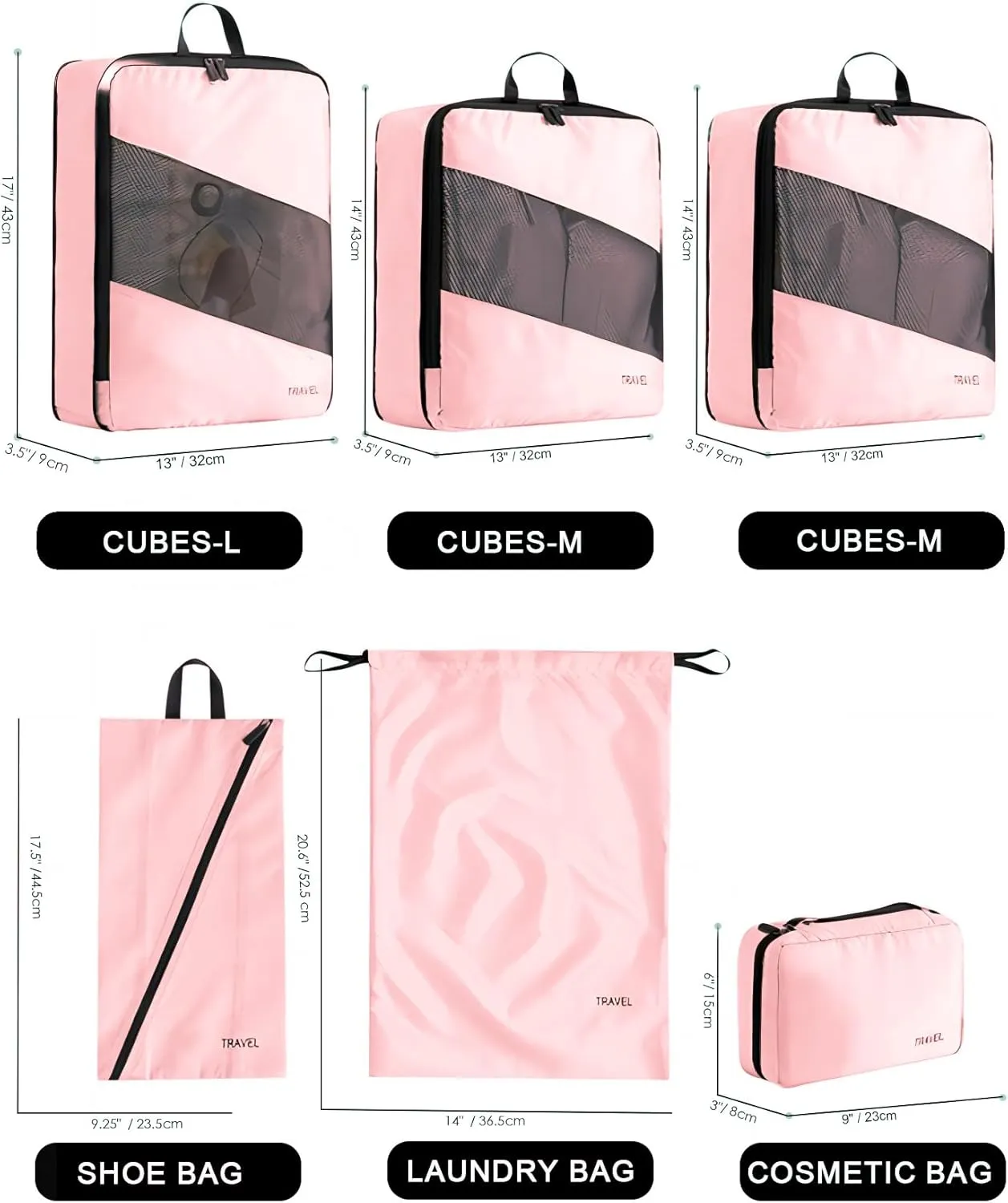 6 Set Compression Packing Cubes for Suitcases, Space-Saving Packing Cubes for Travel, Durable Suitcase Organizer Bags Set for Travel Essentials, Double Zipper Compression Packing Cubes, Pink