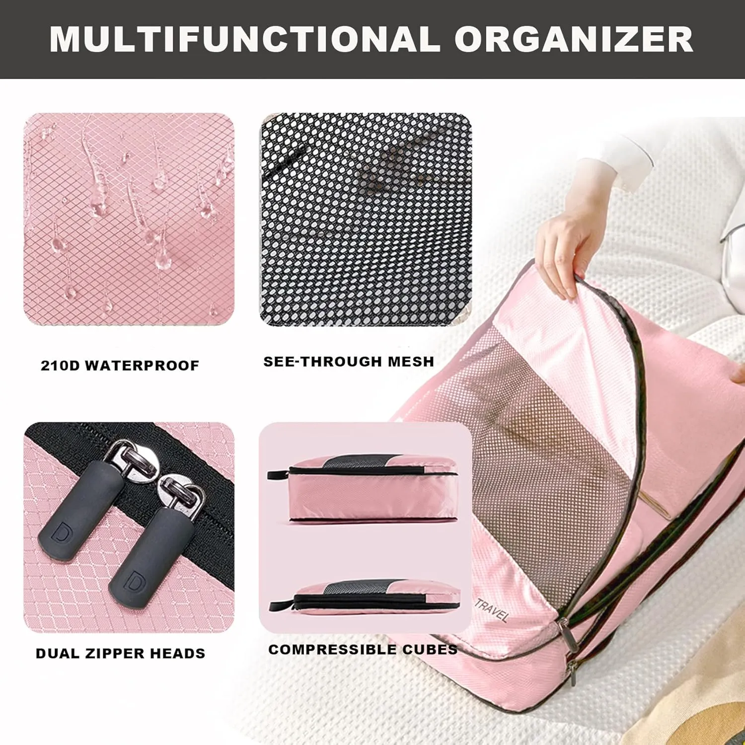 6 Set Compression Packing Cubes for Suitcases, Space-Saving Packing Cubes for Travel, Durable Suitcase Organizer Bags Set for Travel Essentials, Double Zipper Compression Packing Cubes, Pink