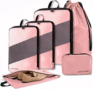 6 Set Compression Packing Cubes for Suitcases, Space-Saving Packing Cubes for Travel, Durable Suitcase Organizer Bags Set for Travel Essentials, Double Zipper Compression Packing Cubes, Pink