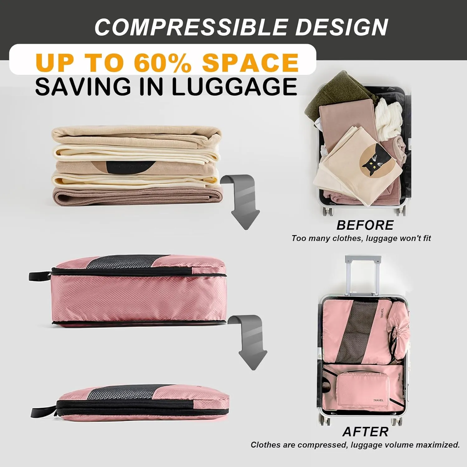6 Set Compression Packing Cubes for Suitcases, Space-Saving Packing Cubes for Travel, Durable Suitcase Organizer Bags Set for Travel Essentials, Double Zipper Compression Packing Cubes, Pink