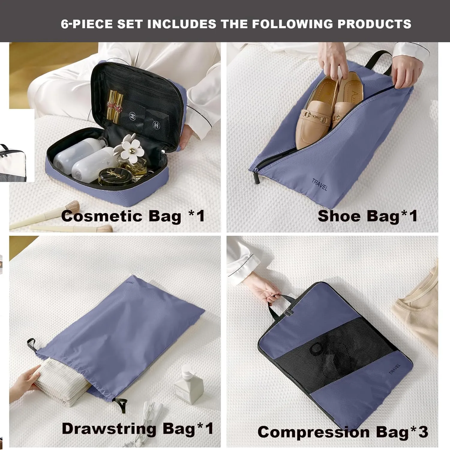 6 Set Compression Packing Cubes for Suitcases, Space-Saving Packing Cubes for Travel, Durable Suitcase Organizer Bags Set for Travel Essentials, Double Zipper Compression Packing Cubes, Purple