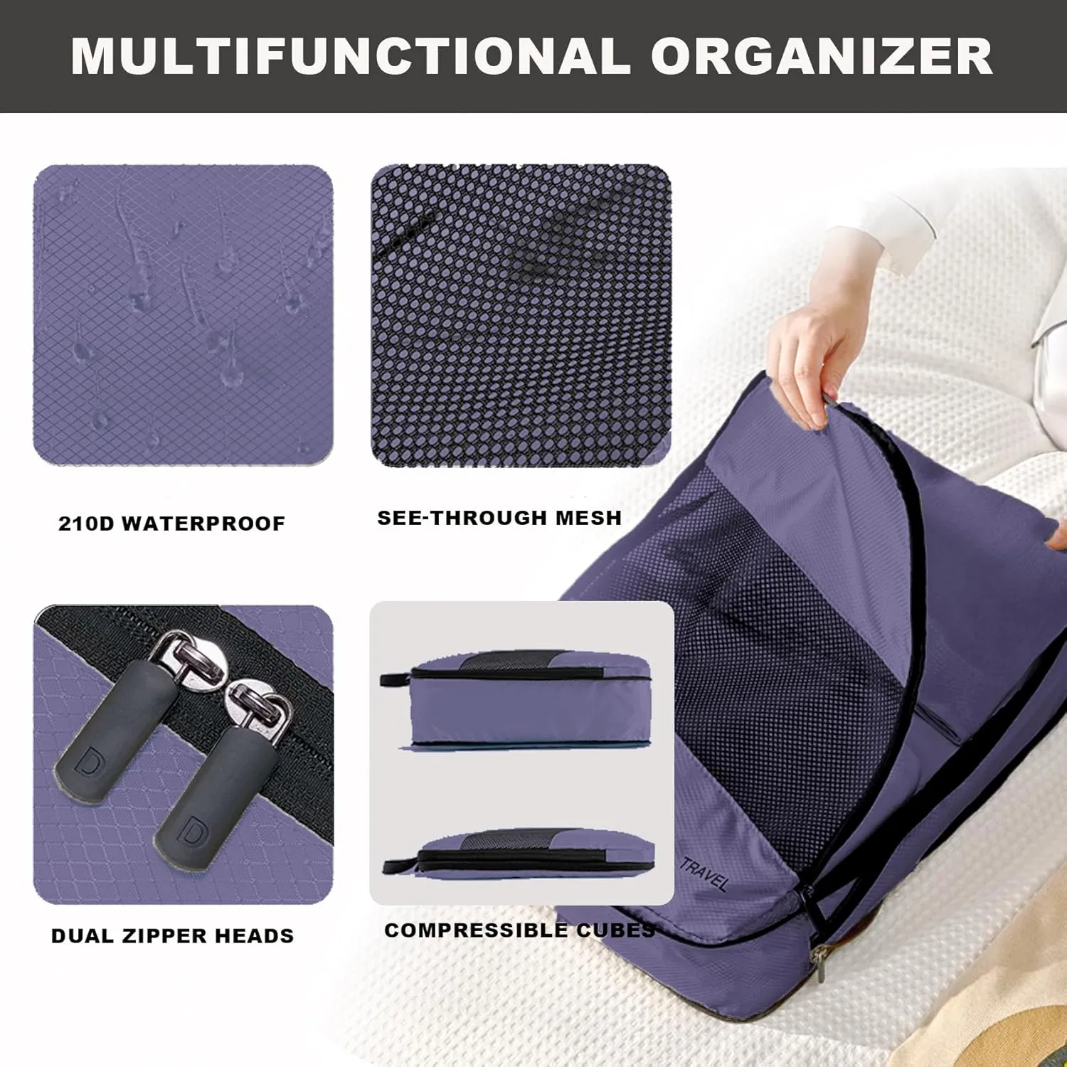 6 Set Compression Packing Cubes for Suitcases, Space-Saving Packing Cubes for Travel, Durable Suitcase Organizer Bags Set for Travel Essentials, Double Zipper Compression Packing Cubes, Purple