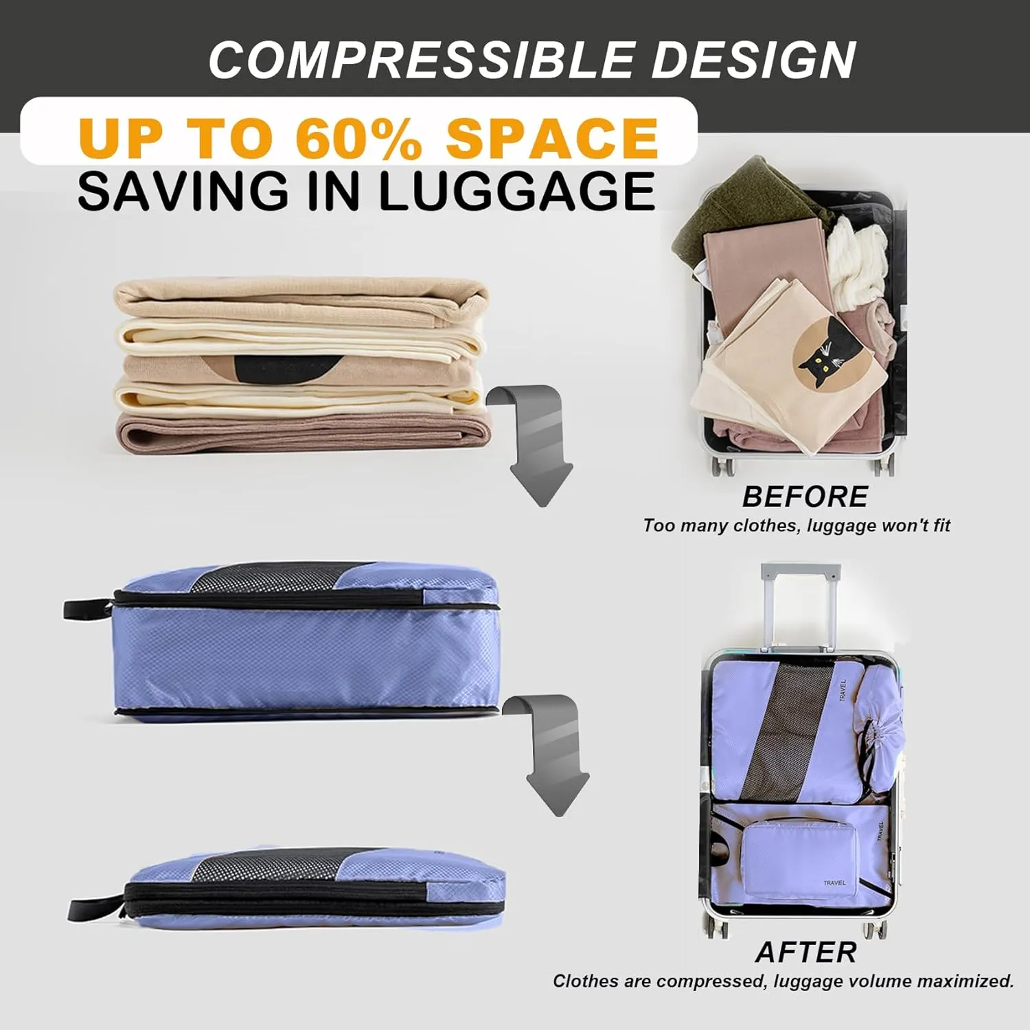 6 Set Compression Packing Cubes for Suitcases, Space-Saving Packing Cubes for Travel, Durable Suitcase Organizer Bags Set for Travel Essentials, Double Zipper Compression Packing Cubes, Purple