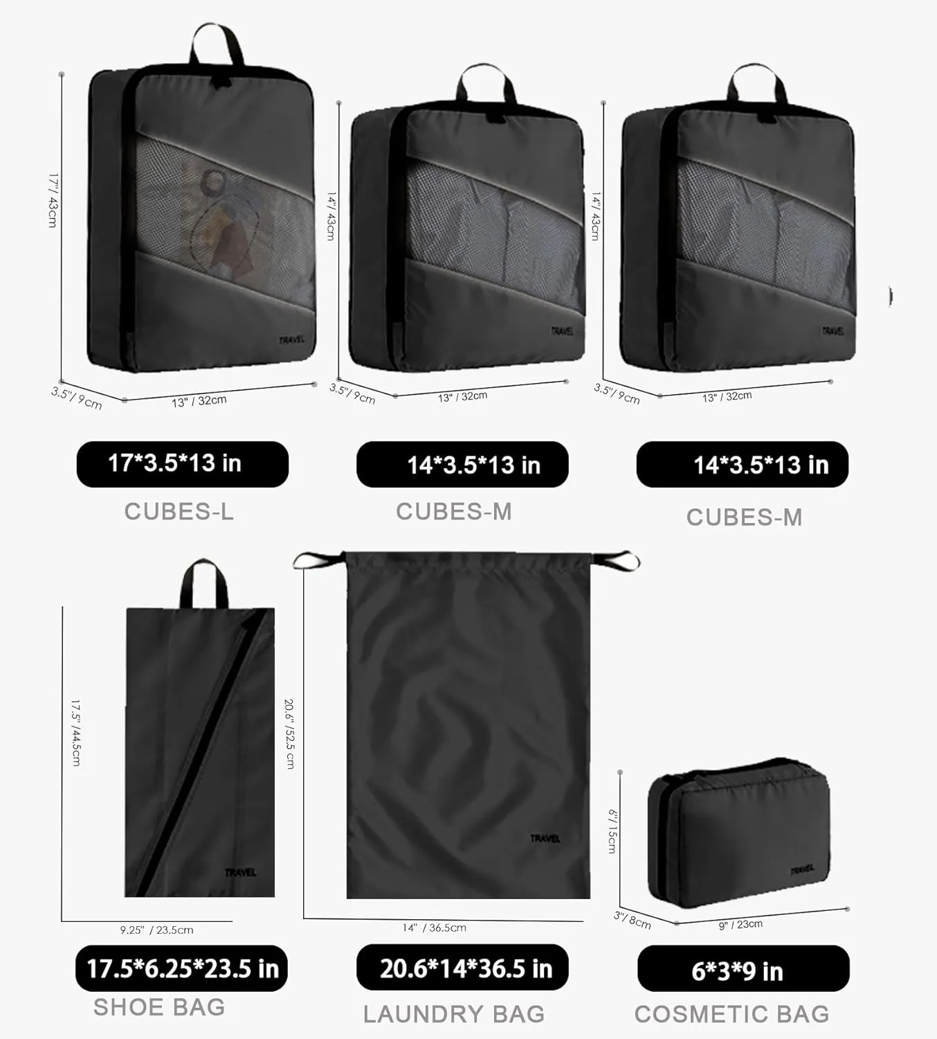 6 Set Compression Packing Cubes for Suitcases, Space-Saving Packing Cubes for Travel, Durable Suitcase Organizer Bags Set for Travel Essentials, Double Zipper Compression Packing Cubes,Black