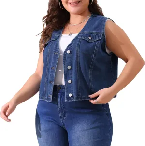 Agnes Orinda Women's Plus Size Denim Vest Sleeveless V Neck Button Down Casual Jean Waistcoat Jackets