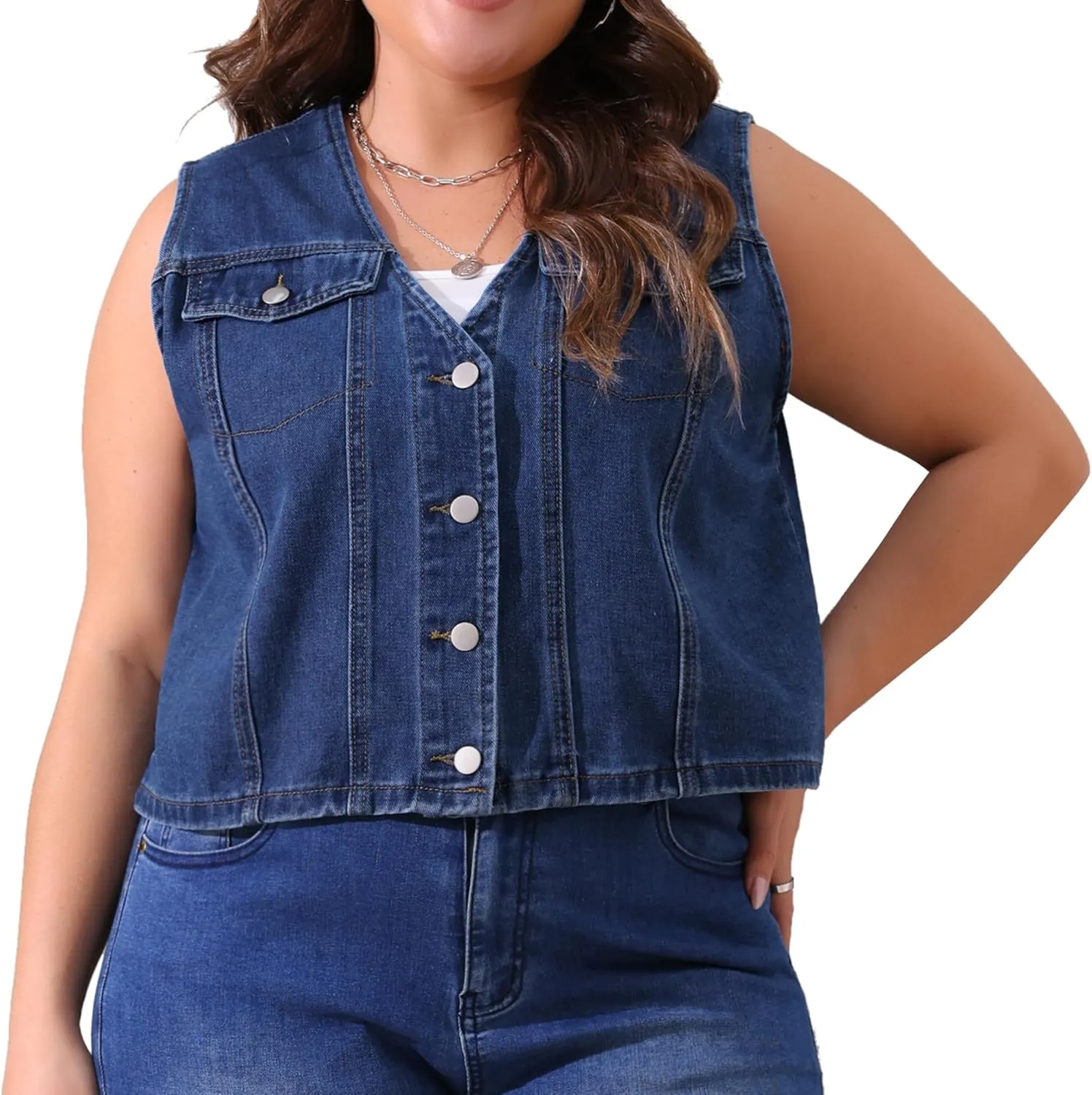 Agnes Orinda Women's Plus Size Denim Vest Sleeveless V Neck Button Down Casual Jean Waistcoat Jackets