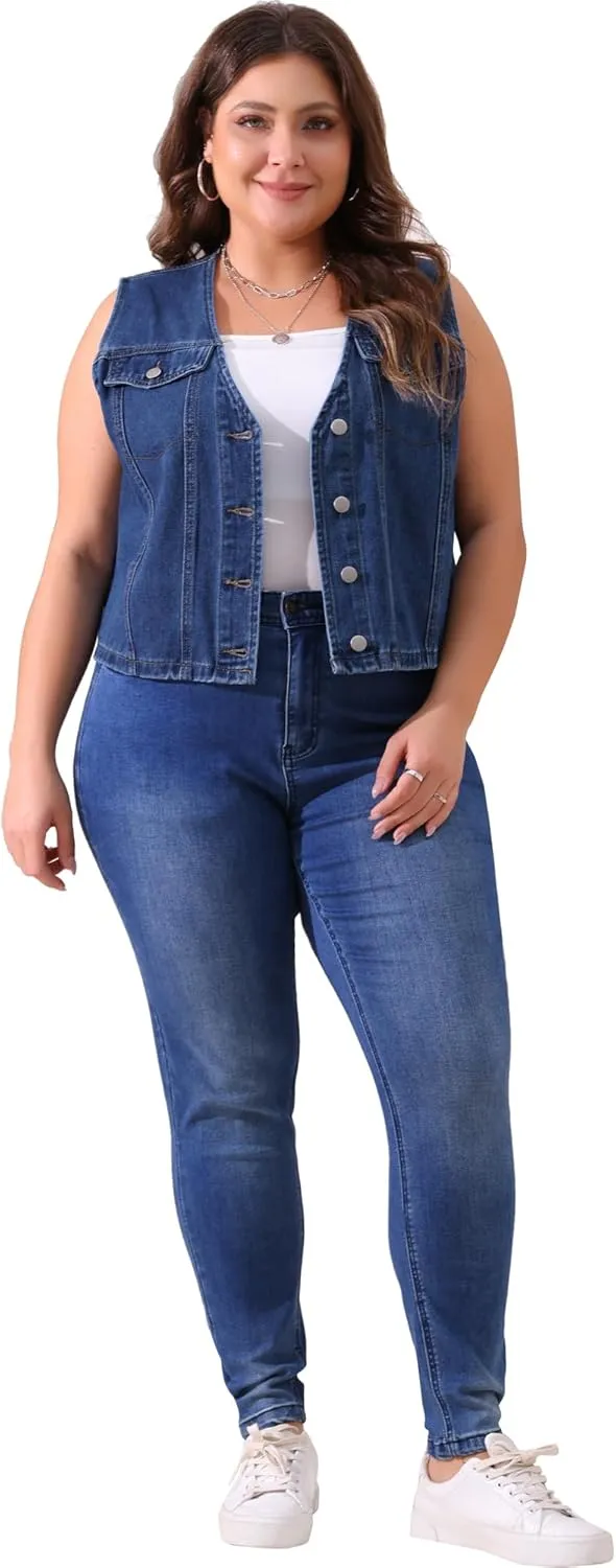 Agnes Orinda Women's Plus Size Denim Vest Sleeveless V Neck Button Down Casual Jean Waistcoat Jackets
