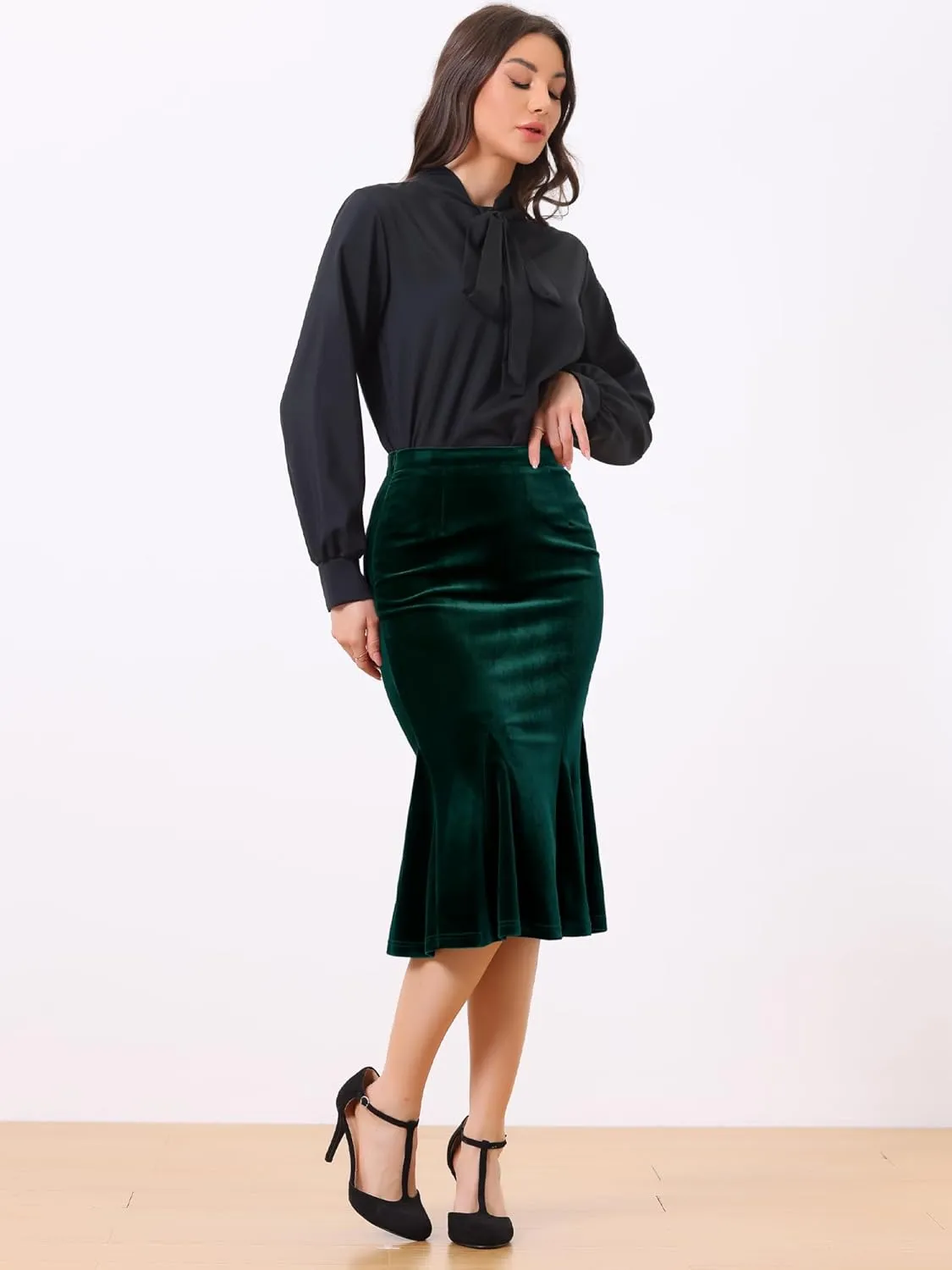 Allegra K Women's Feminine Chic Retro Bodycon Elastic Waist Velvet Fishtail Mermaid Skirt