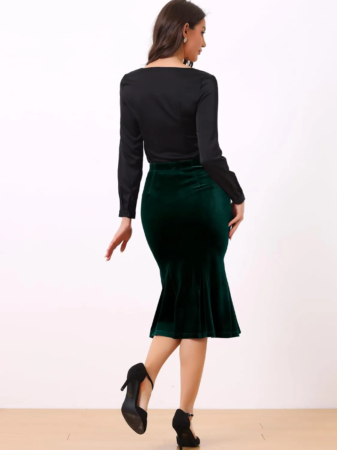 Allegra K Women's Feminine Chic Retro Bodycon Elastic Waist Velvet Fishtail Mermaid Skirt