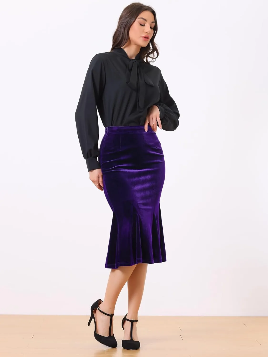 Allegra K Women's Feminine Chic Retro Bodycon Elastic Waist Velvet Fishtail Mermaid Skirt