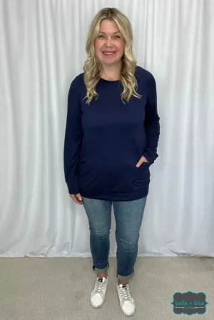 Amber Long Sleeve Top with Pockets - Navy