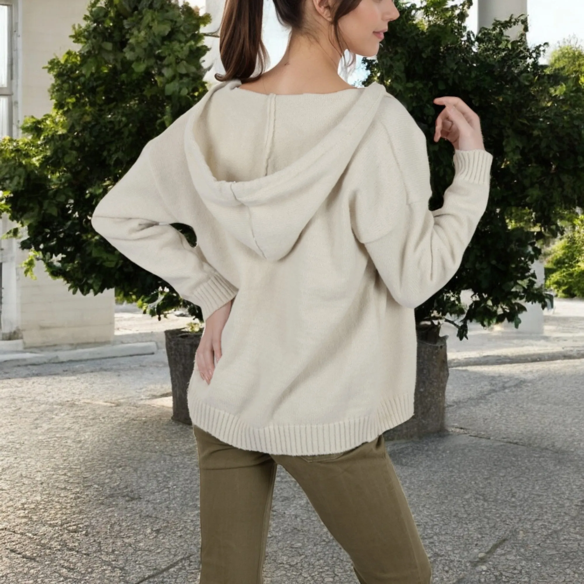 Anna-Kaci Women's Knit Button-Up Cardigan with Drawstring Hood and Ribbed Hem