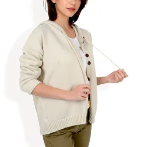 Anna-Kaci Women's Knit Button-Up Cardigan with Drawstring Hood and Ribbed Hem