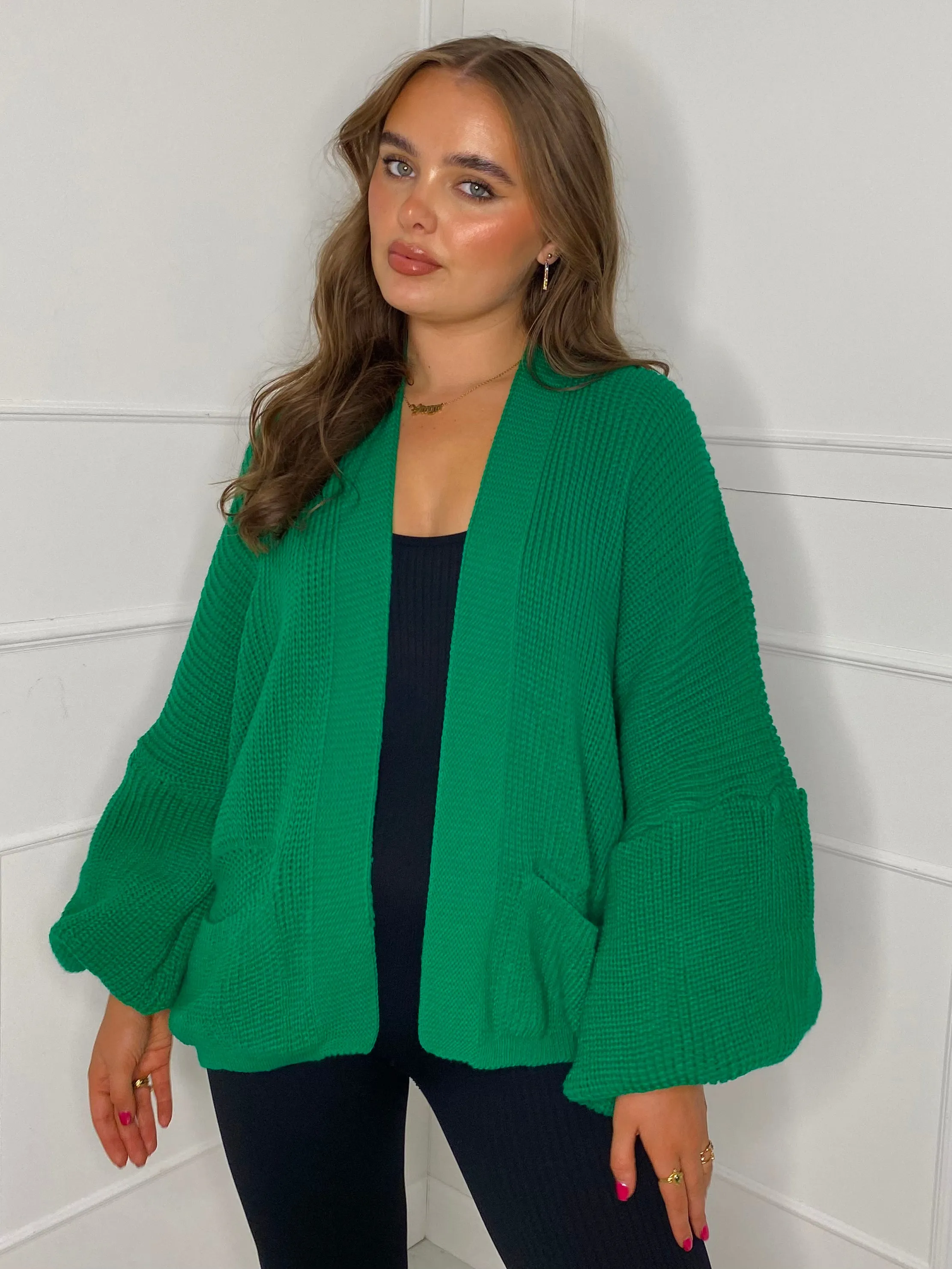 Balloon Sleeve Knitted Cardigan - Green