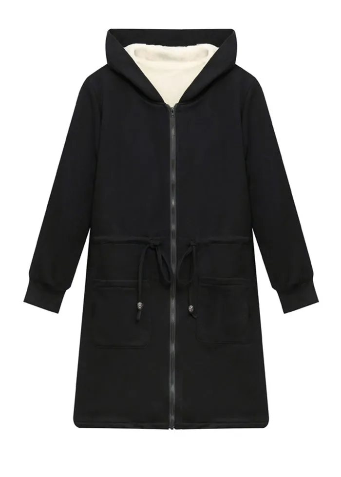 Boutique Black Cinched Pockets Warm Fleece Jackets Winter