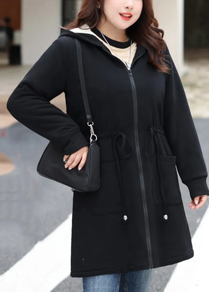Boutique Black Cinched Pockets Warm Fleece Jackets Winter