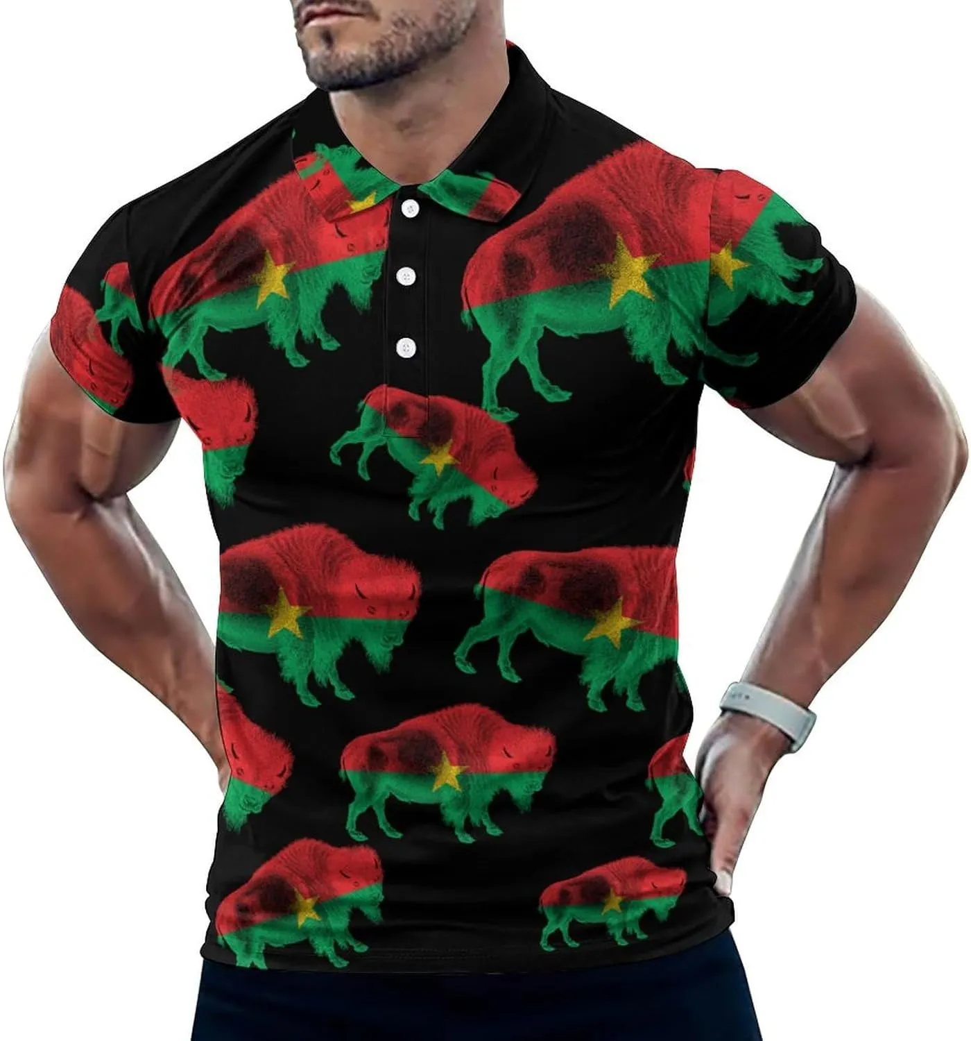 Buffalo Burkina Faso Flag Mens Polo Shirts Quick Dry Short Sleeve T-shirts Slim Tennis Collared Tees Tops