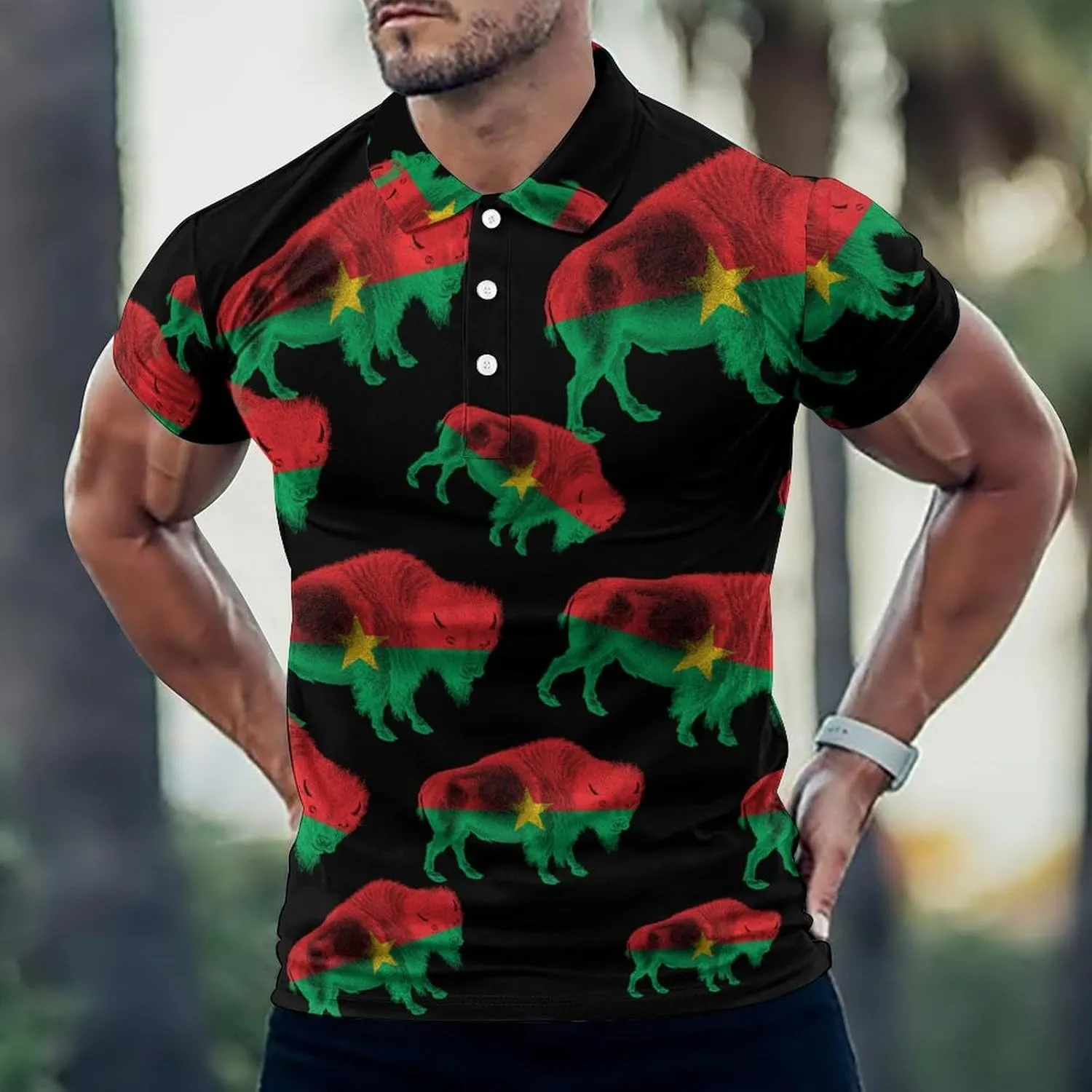 Buffalo Burkina Faso Flag Mens Polo Shirts Quick Dry Short Sleeve T-shirts Slim Tennis Collared Tees Tops