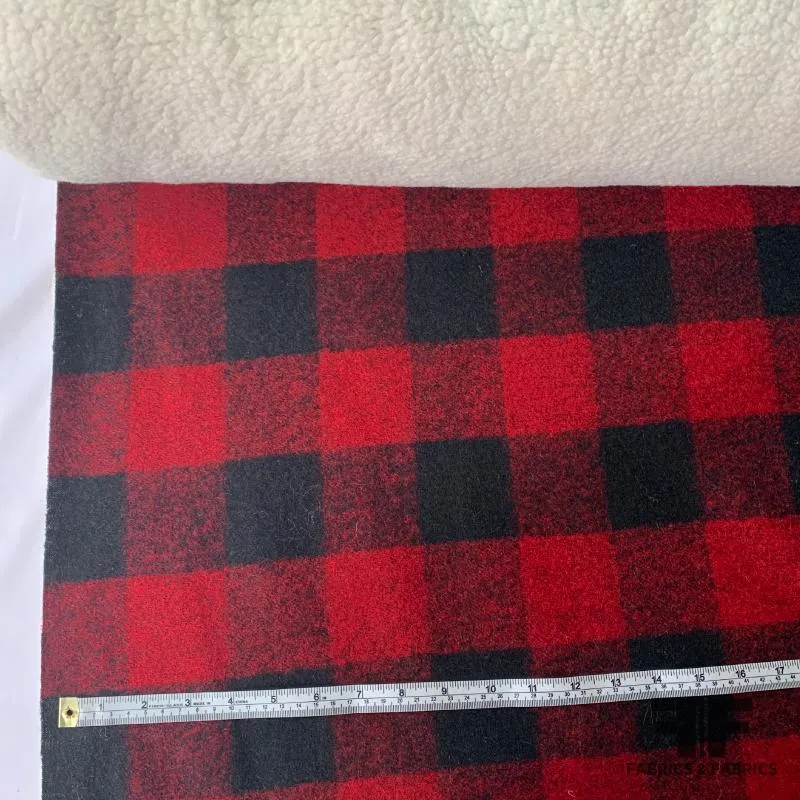 Buffalo Plaid with Sherpa Backing Wool-Like Coating - Red/Black/White