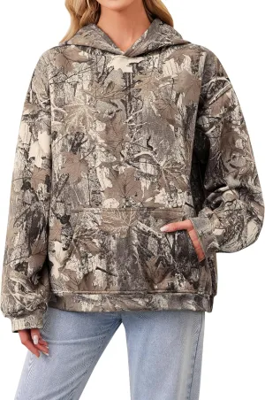 Camo Hoodie Womens Maple Leaf Fleece Hooded Sweatshirt Oversized Camouflage Hoodies For Women Brown M
