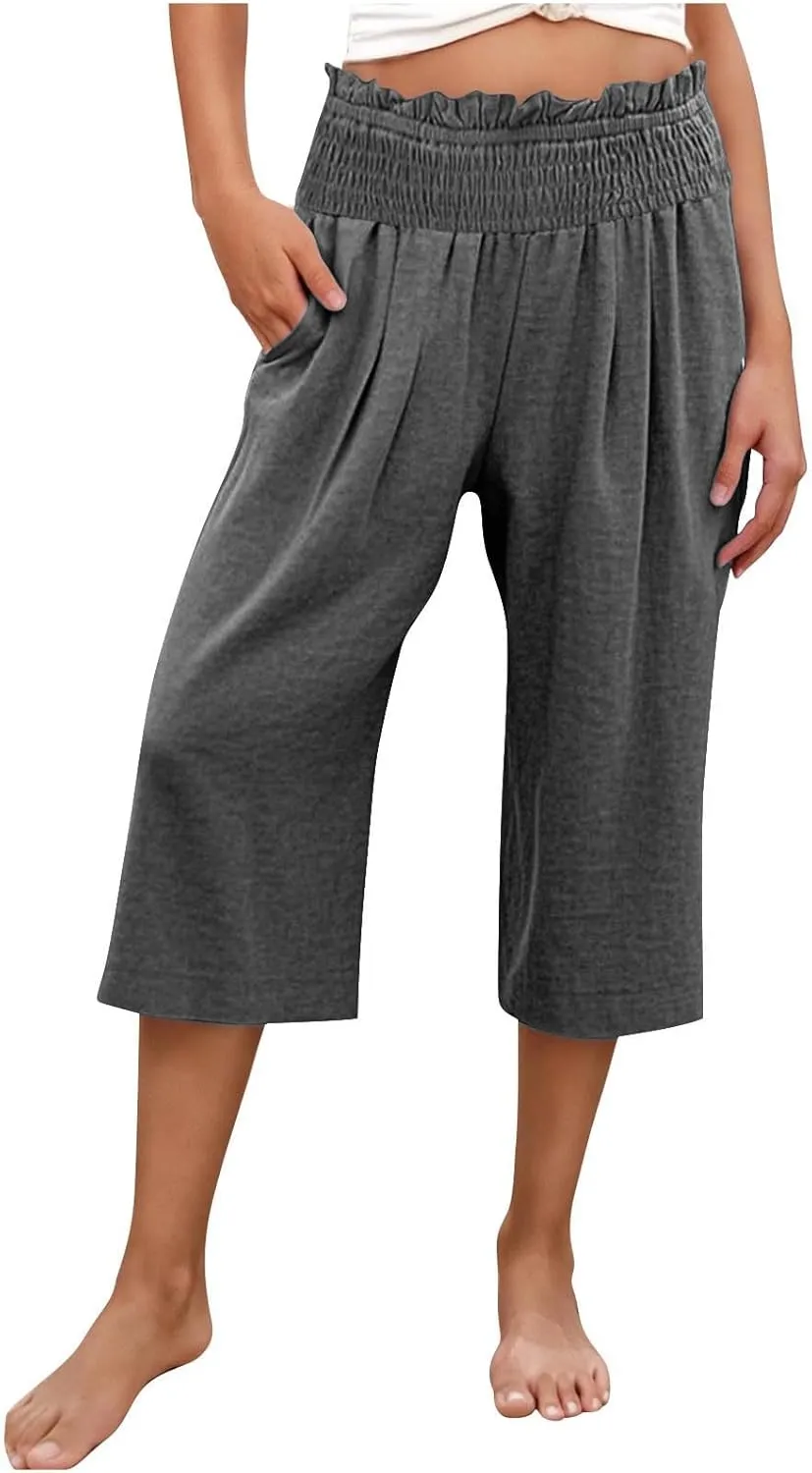 Capri Pants for Women Lightweight Summer High Waisted Wide Leg Palazzo Trousers with Pockets Travel Vacation Outfits