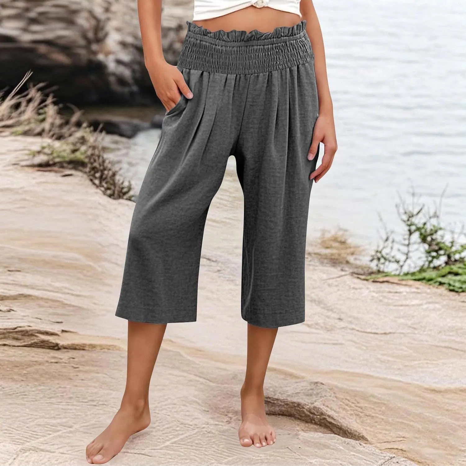 Capri Pants for Women Lightweight Summer High Waisted Wide Leg Palazzo Trousers with Pockets Travel Vacation Outfits
