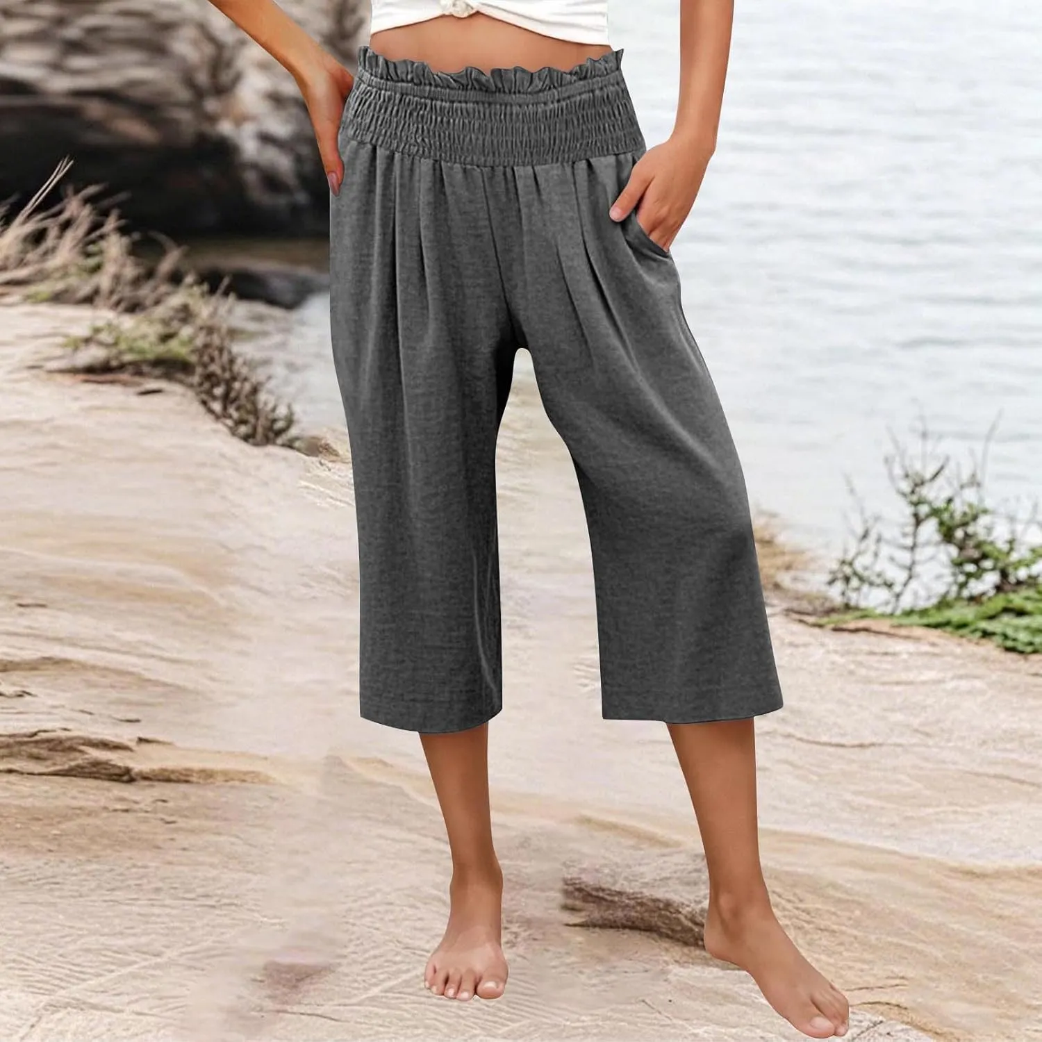 Capri Pants for Women Lightweight Summer High Waisted Wide Leg Palazzo Trousers with Pockets Travel Vacation Outfits