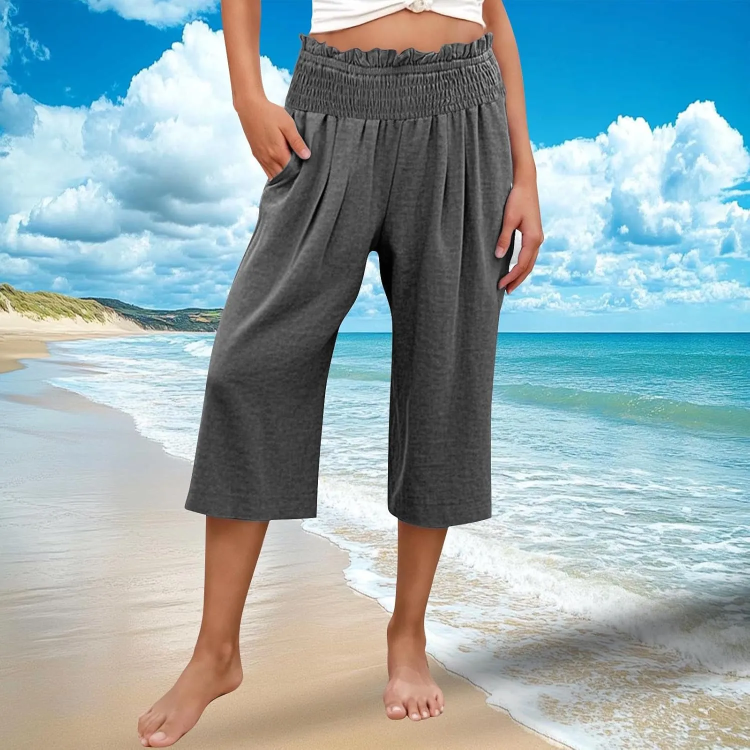 Capri Pants for Women Lightweight Summer High Waisted Wide Leg Palazzo Trousers with Pockets Travel Vacation Outfits