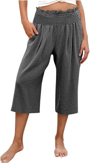 Capri Pants for Women Lightweight Summer High Waisted Wide Leg Palazzo Trousers with Pockets Travel Vacation Outfits