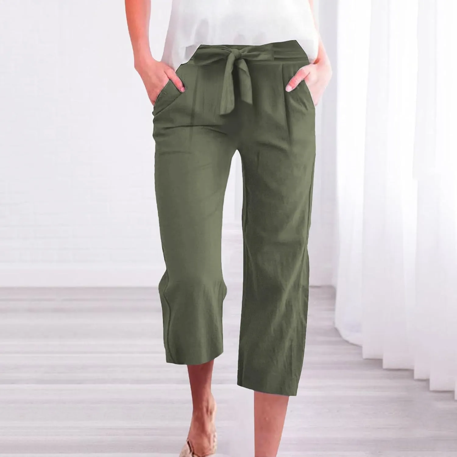 Capri Pants for Women Summer Casual Linen Lounge Pants Cropped Straight Leg Drawstring Baggy Straight Leg Trousers