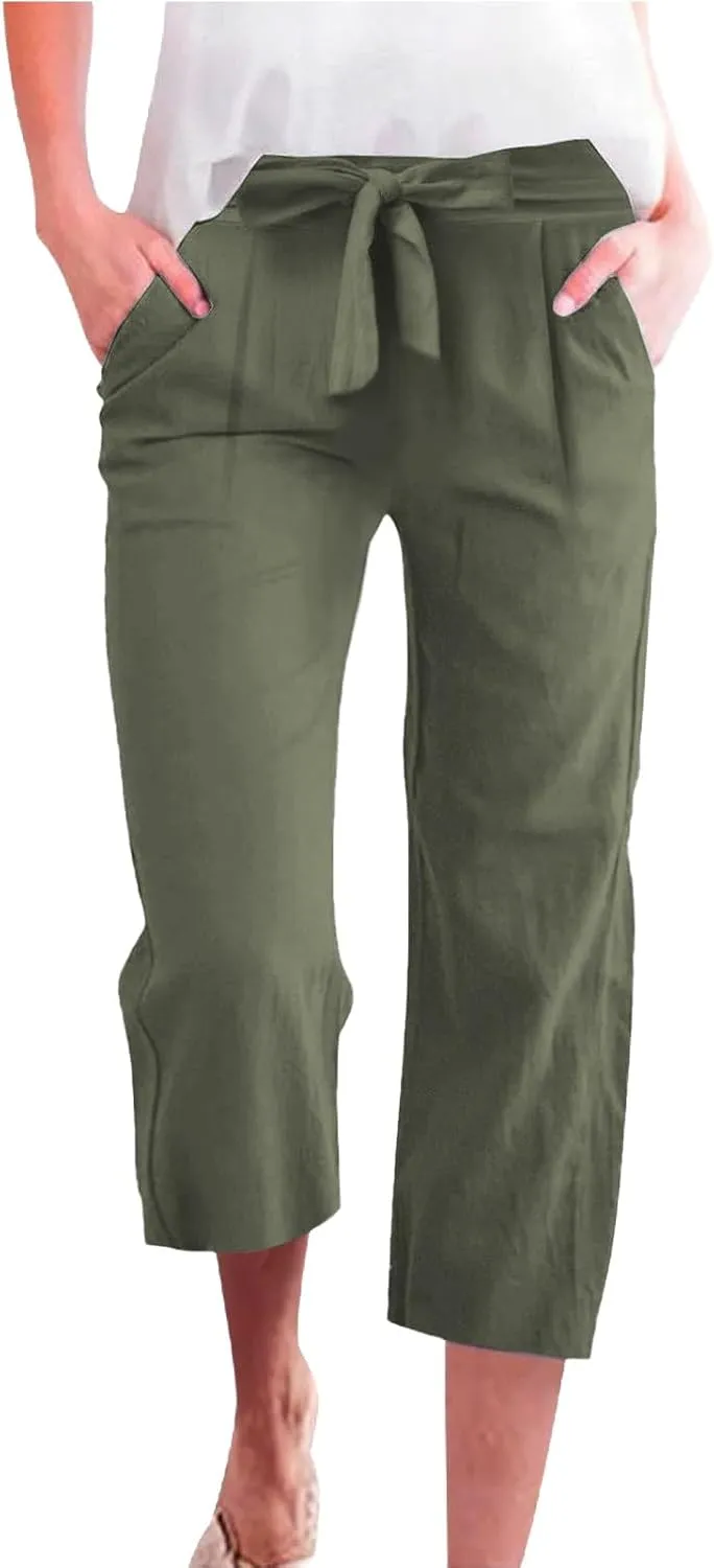 Capri Pants for Women Summer Casual Linen Lounge Pants Cropped Straight Leg Drawstring Baggy Straight Leg Trousers
