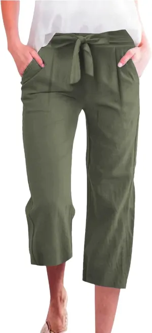 Capri Pants for Women Summer Casual Linen Lounge Pants Cropped Straight Leg Drawstring Baggy Straight Leg Trousers