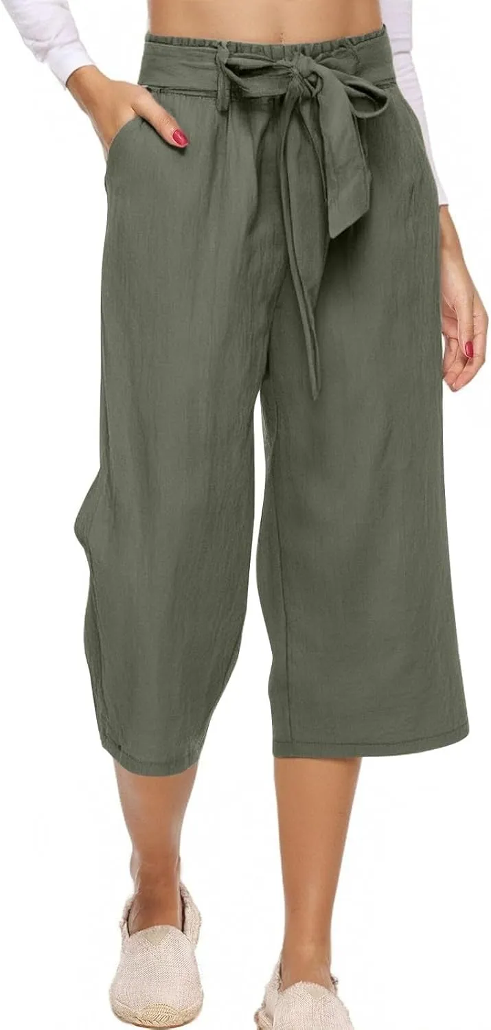 Capri Pants for Women Summer Casual Linen Lounge Pants Cropped Straight Leg Drawstring Baggy Straight Leg Trousers