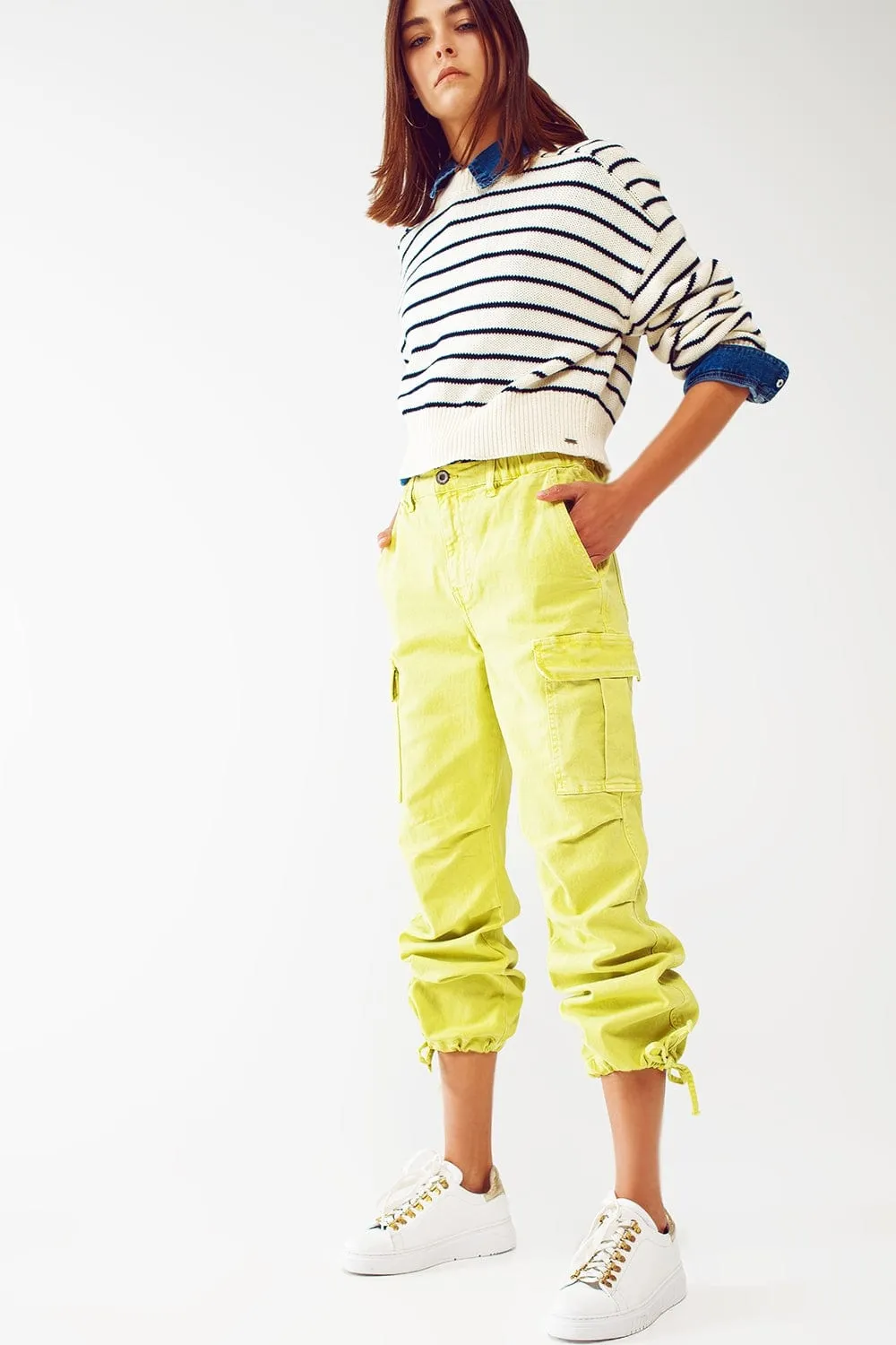 Cargo Pants With Tassel Ends In Lime