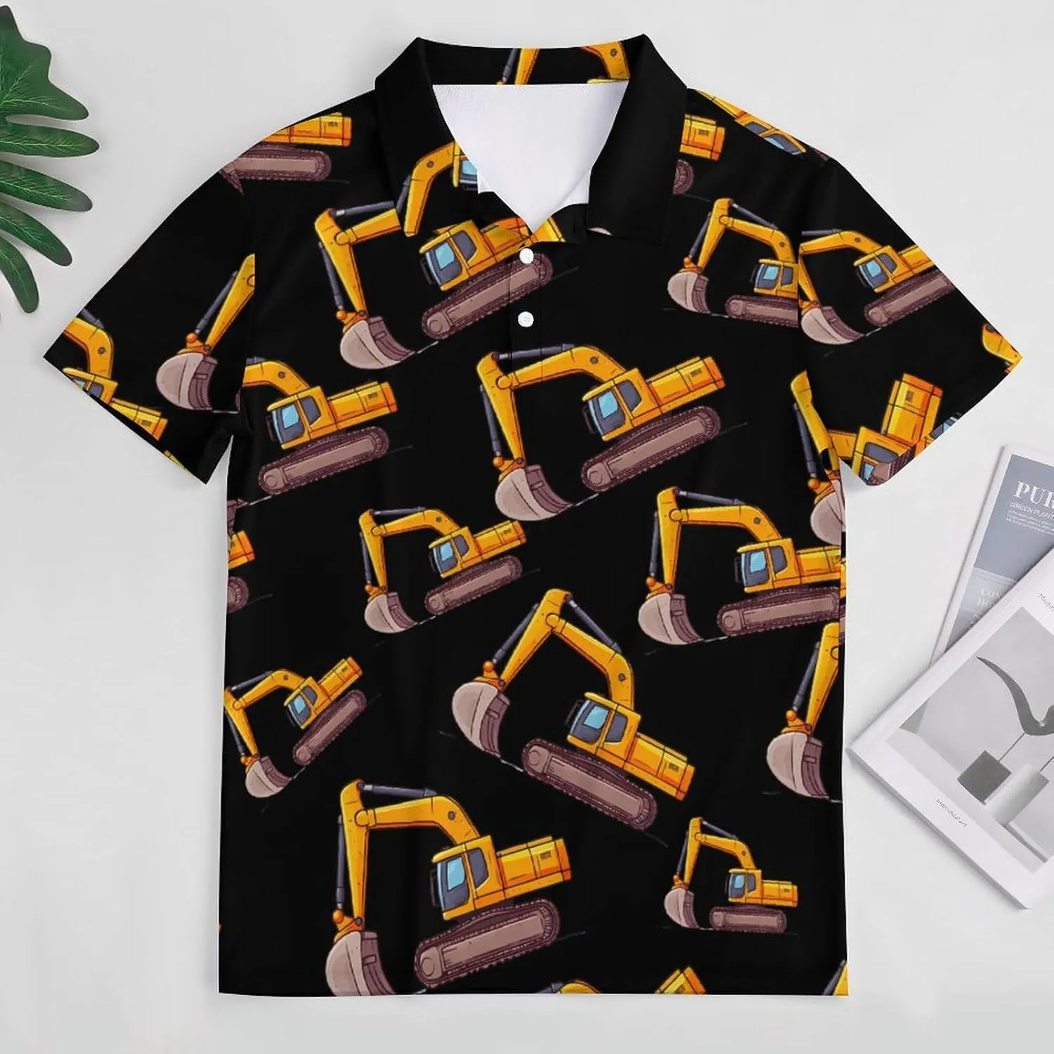 Cartoon Excavator Mens Polo Shirts Quick Dry Short Sleeve T-shirts Slim Tennis Collared Tees Tops