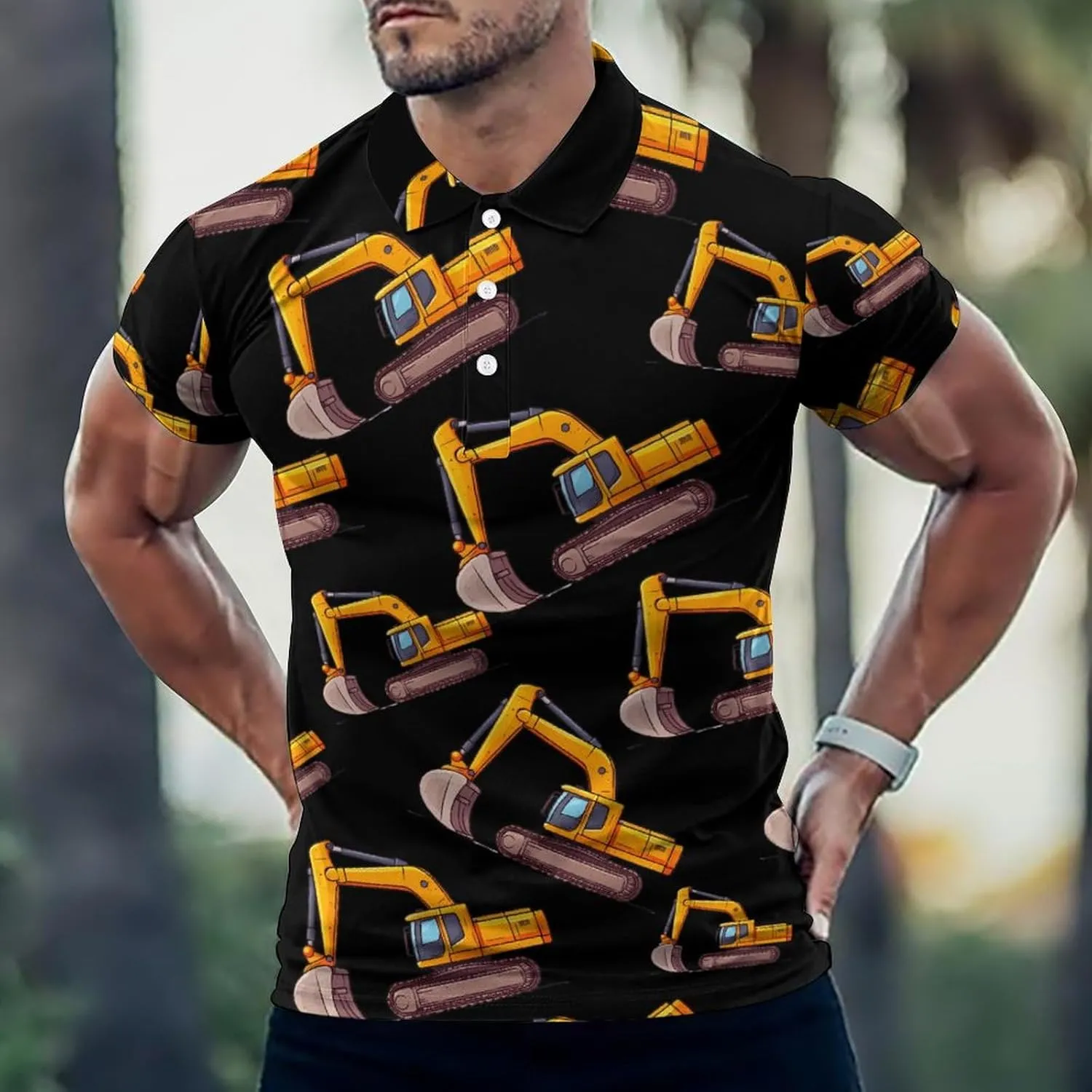 Cartoon Excavator Mens Polo Shirts Quick Dry Short Sleeve T-shirts Slim Tennis Collared Tees Tops