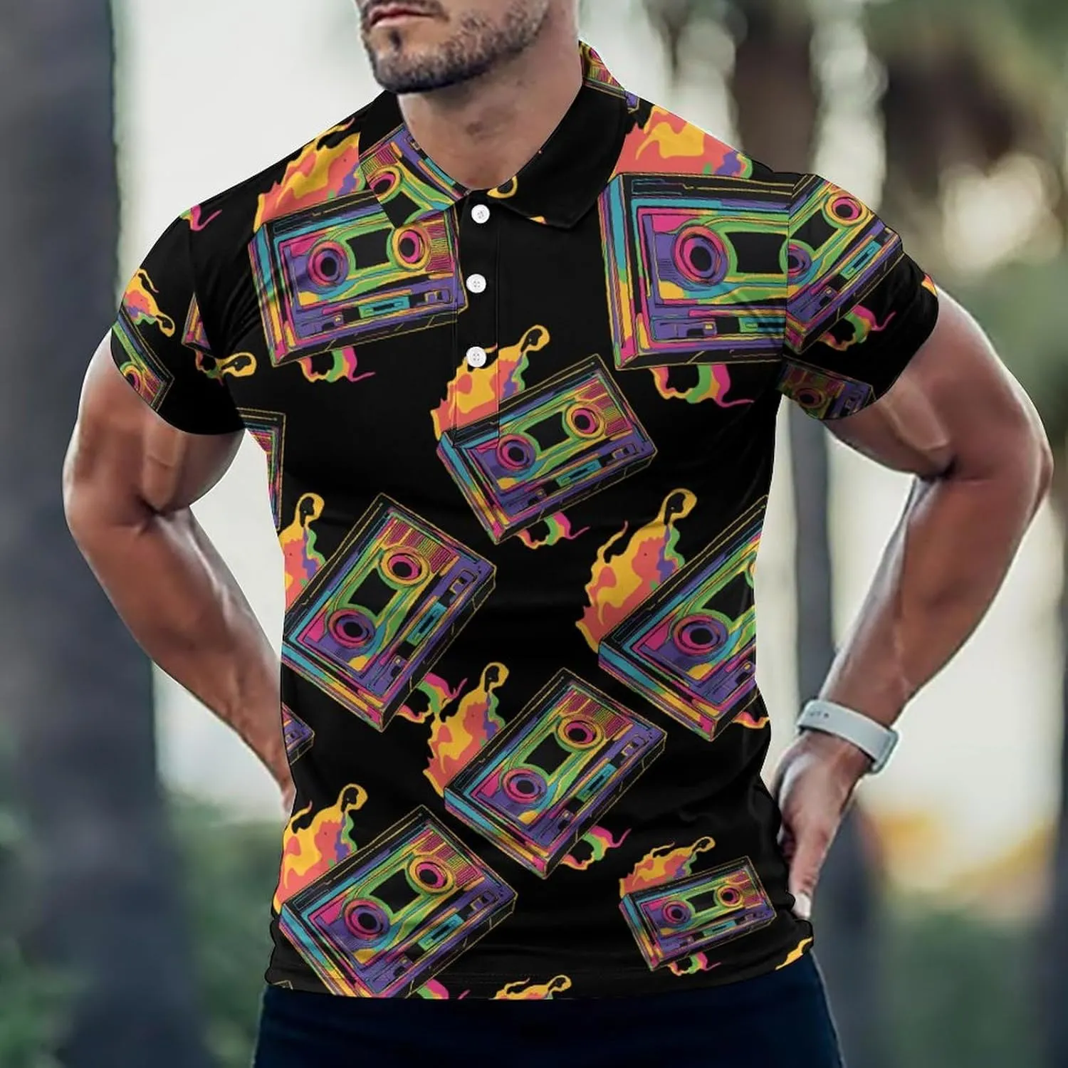 Colorful Cassette Tape Mens Polo Shirts Quick Dry Short Sleeve T-shirts Slim Tennis Collared Tees Tops