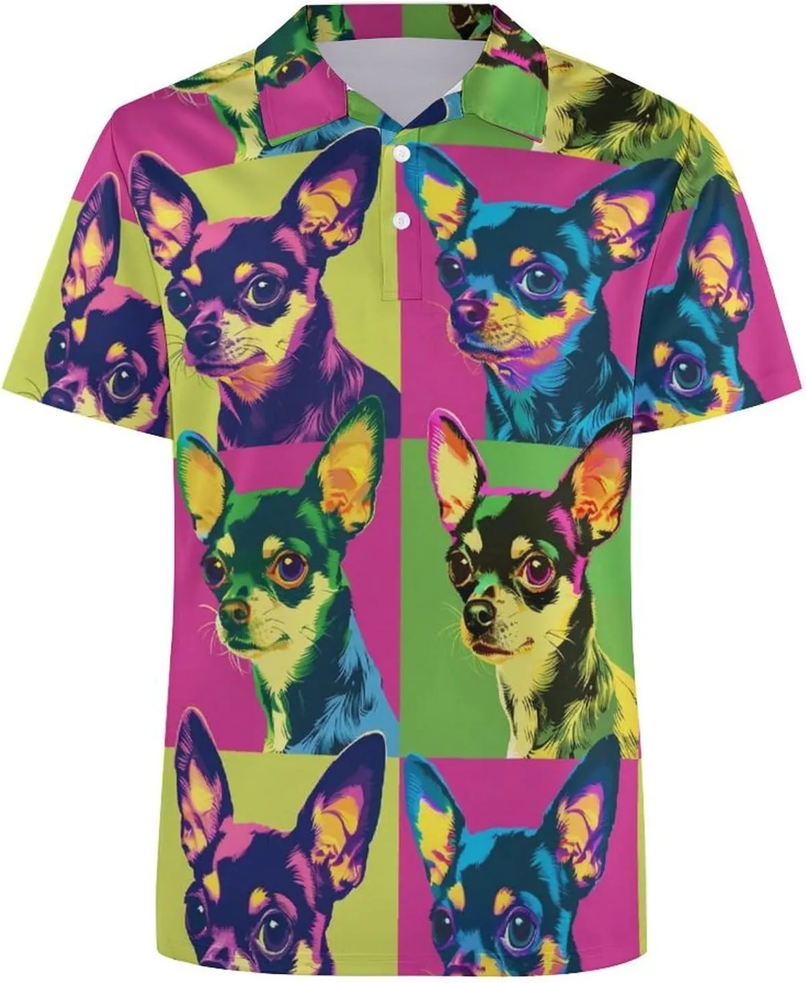 Colorful Chihuahua Head Mens Polo Shirts Quick Dry Short Sleeve T-shirts Slim Tennis Collared Tees Tops