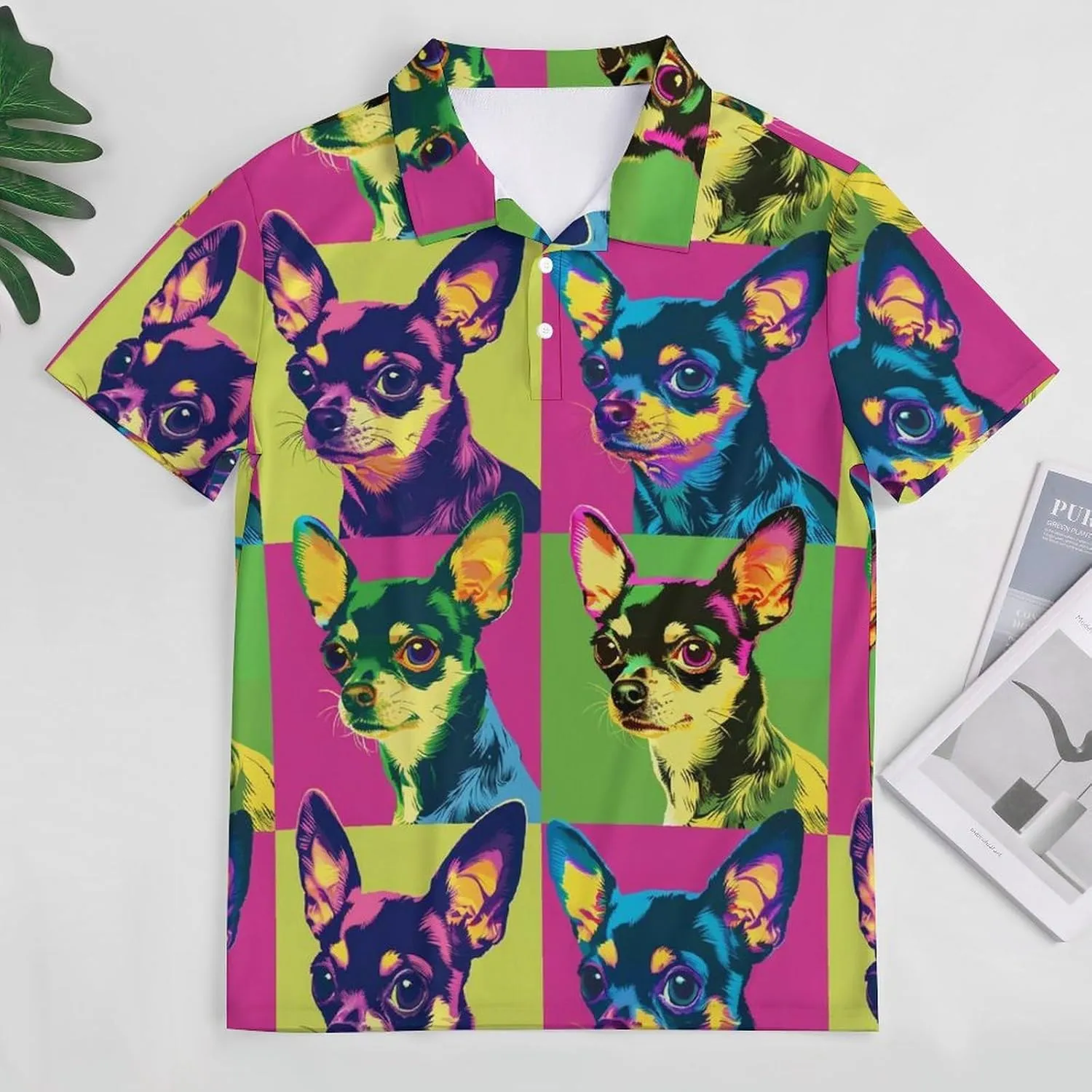 Colorful Chihuahua Head Mens Polo Shirts Quick Dry Short Sleeve T-shirts Slim Tennis Collared Tees Tops