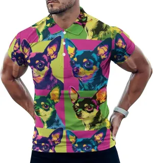 Colorful Chihuahua Head Mens Polo Shirts Quick Dry Short Sleeve T-shirts Slim Tennis Collared Tees Tops